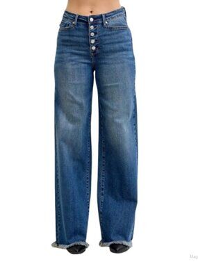High Waist Column Straight Leg Button-Fly Jeans with Welt Pockets